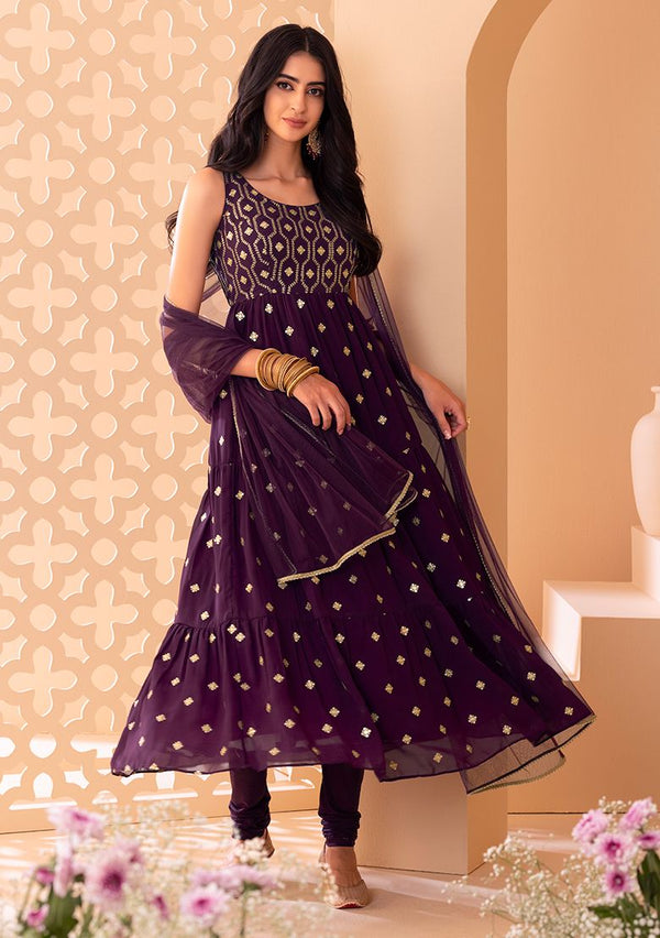 Sangria Purple Sequin And Zari Anarkali Suit Set